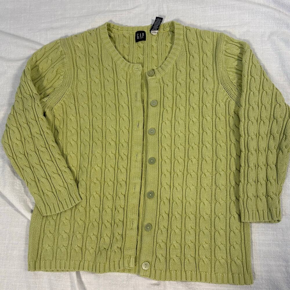 Vintage Y2K Gap Cropped Cable Knit Cardigan 3/4 Sleeve 100% Cotton Chartreuse L